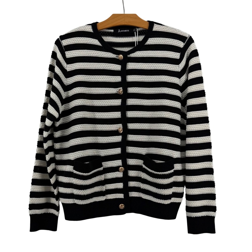 Anrabess Striped Cardigan Women Black White Gold Button Knit Sweater Medium